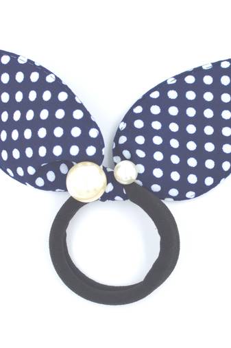 Viaana polka print ears rubber band with attached pearls dark blue color