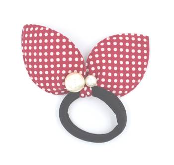 Viaana polka print ears rubber band with attached pearls maroon color 1
