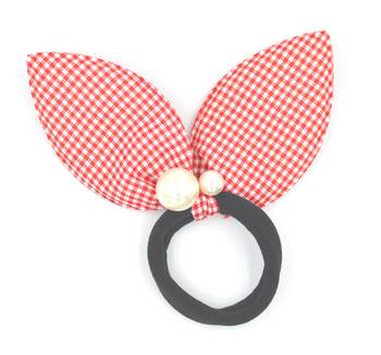 Viaana checks print ears rubber band with attached pearls red color 1