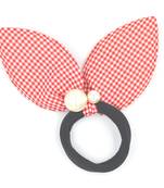 Viaana checks print ears rubber band with attached pearls red color
