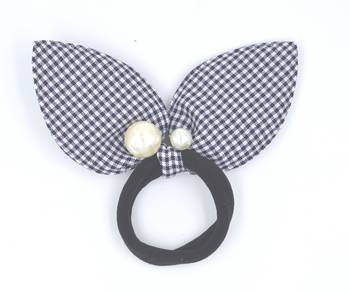 Viaana checks print ears rubber band with attached pearls black color 1