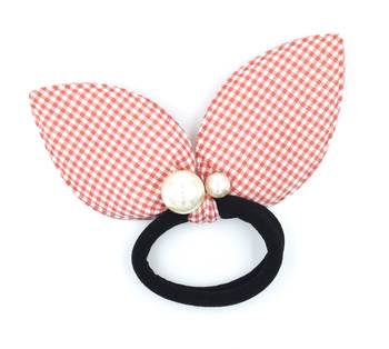 Viaana checks print ears rubber band with attached pearls peach color 1