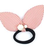 Viaana checks print ears rubber band with attached pearls peach color