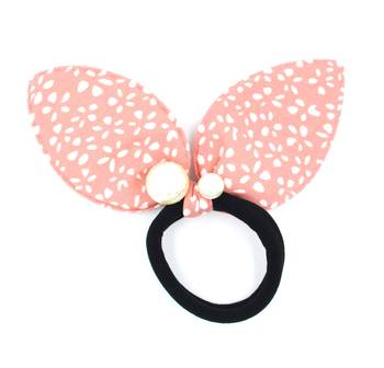 Viaana flower print ears rubber band with attached pearls peach color 1