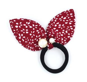 Viaana flower print ears rubber band with attached pearls red color 1
