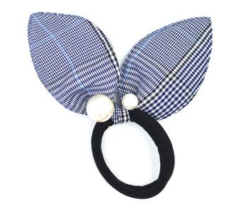 Viaana checks print ears rubber band with attached pearls blue color 1