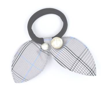 Viaana checks print ears rubber band with attached pearls greyish blue color 1