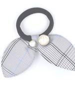 Viaana checks print ears rubber band with attached pearls greyish blue color