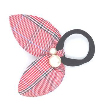 Viaana checks print ears rubber band with attached pearls red color 1