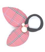 Viaana checks print ears rubber band with attached pearls red color