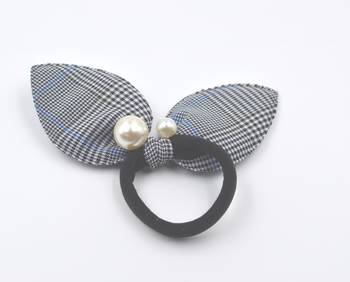 Viaana checks print ears rubber band with attached pearls black color 1