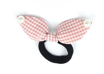 Viaana checks print ears rubber band with attached pearls peach color 1