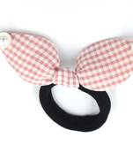 Viaana checks print ears rubber band with attached pearls peach color