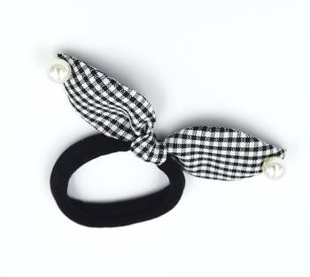 Viaana checks print ears rubber band with attached pearls black color 1