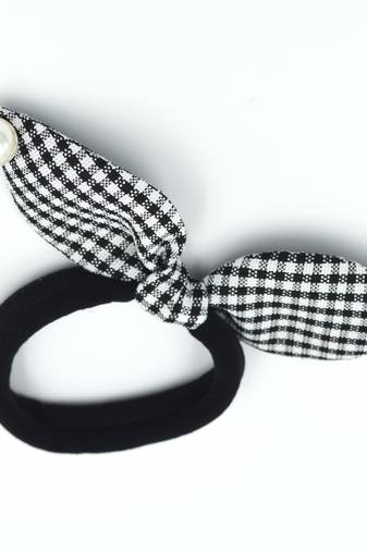 Viaana checks print ears rubber band with attached pearls black color