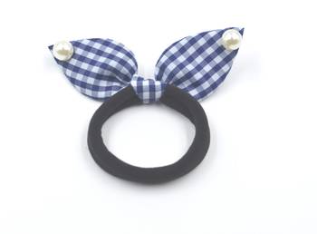 Viaana checks print ears rubber band with attached pearls dark blue color 1