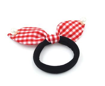 Viaana checks print ears rubber band with attached pearls red color 1