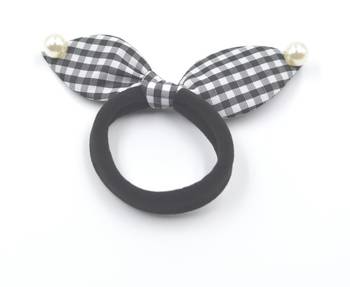 Viaana checks print ears rubber band with attached pearls black color 1