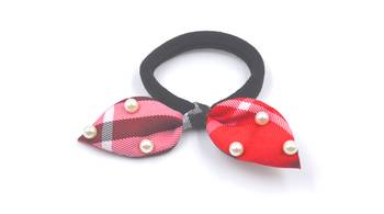 Viaana checks print ears rubber band with attached pearls red color 1
