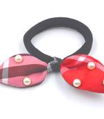 Viaana checks print ears rubber band with attached pearls red color