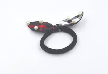 Viaana checks print ears rubber band with attached pearls black color 1