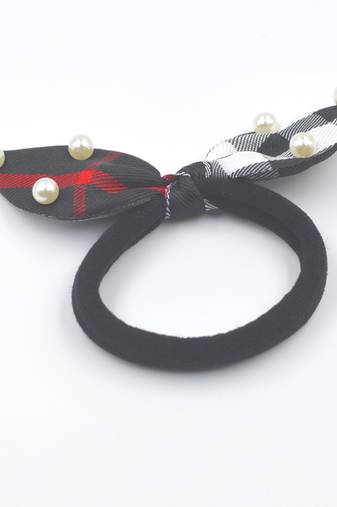 Viaana checks print ears rubber band with attached pearls black color