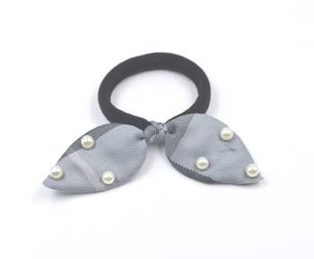 Viaana checks print ears rubber band with attached pearls greyish blue color 1