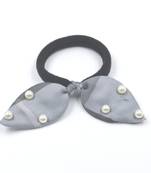 Viaana checks print ears rubber band with attached pearls greyish blue color