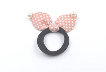Viaana polka print ears rubber band with attached pearls peach color 1