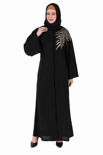 Front Open Hand Gold Leaf Embroidered Dubai Abaya