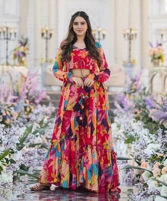 Smart and classy multi crop top dress with sharara and shrug for party looks 1