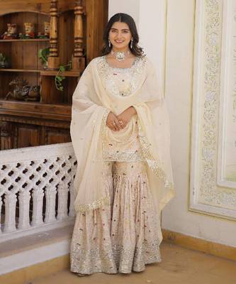 Ethereal Off White Art Silk Embroidered Kurta Pant Dupatta Set 1