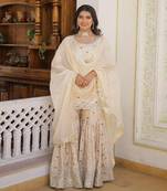 Ethereal Off White Art Silk Embroidered Kurta Pant Dupatta Set