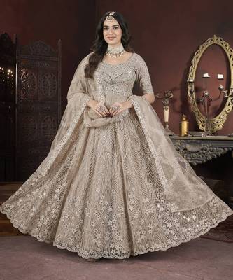Beige thread embroidered work with zarkan net anarkali salwar suit palazzo with dupatta fstive stitched long gown 1