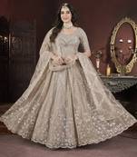 Beige thread embroidered work with zarkan net anarkali salwar suit palazzo with dupatta fstive stitched long gown