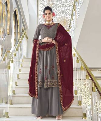 GREY THREAD AND SEQUINCE EMBROIDERED WORK GEORGETTE ANARKALI LONG SALWAR SUIT DUPATTA STITCHED GOWN 1