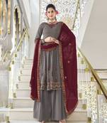 GREY THREAD AND SEQUINCE EMBROIDERED WORK GEORGETTE ANARKALI LONG SALWAR SUIT DUPATTA STITCHED GOWN