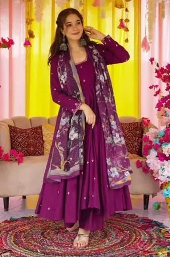 Purple chinon anarkali with bottom & dupatta