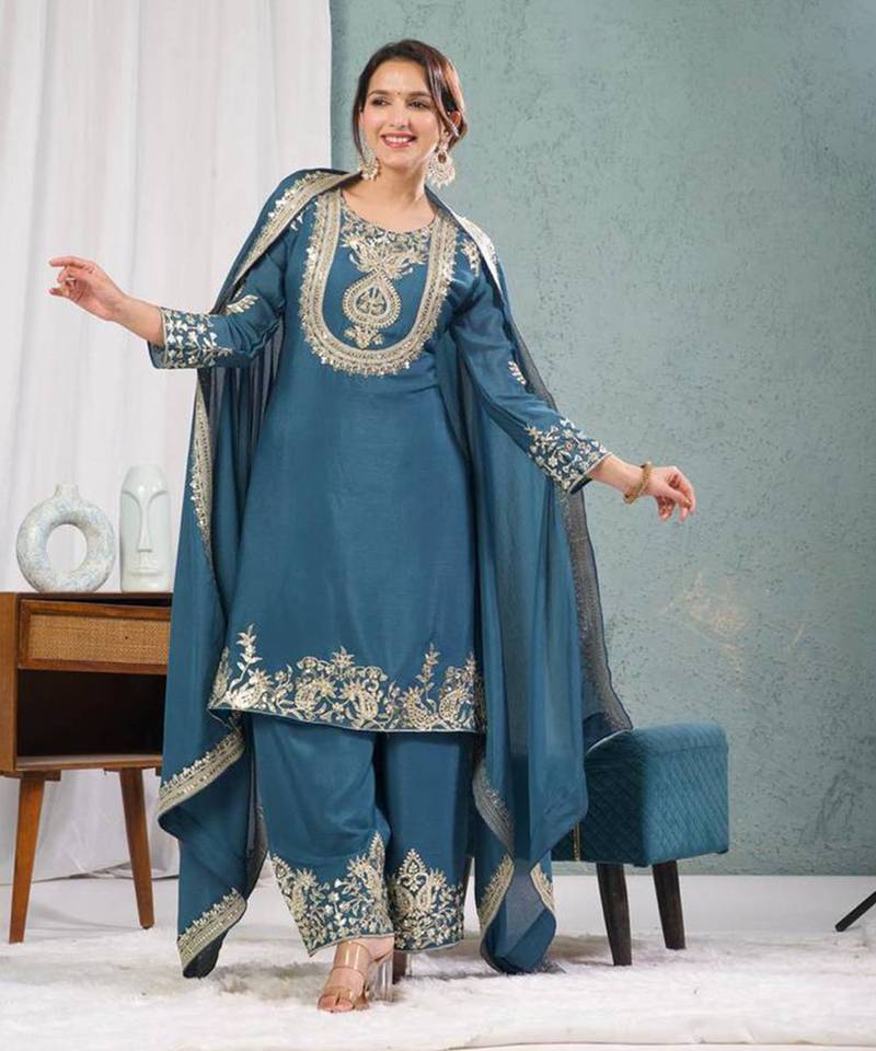 RAMA CHINON SILK PARTY WEAR EMBROIDERY SUIT SET 