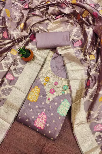 lavender jacquard handwork unstitched dress material