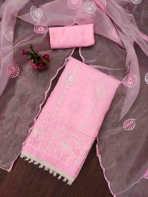 light pink organza handwork unstitched dress material 1