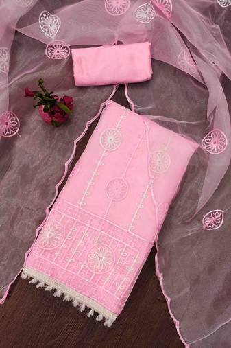 light pink organza handwork unstitched dress material