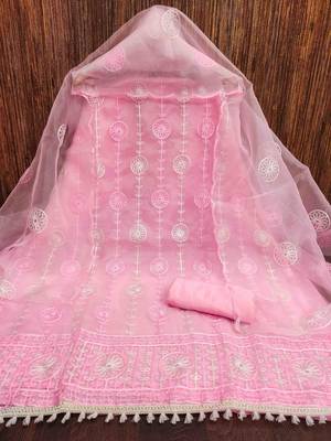 light pink organza handwork unstitched dress material 2