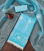 Women's sky blue organza handwork unstitched dress material