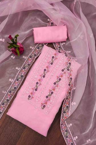 Women's light pink organza embroidered unstitched dress material
