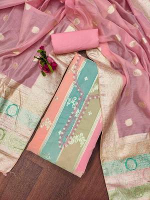 pink jacqurd handwork unstitched dress material 1