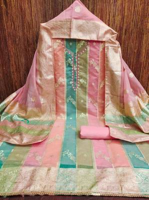 pink jacqurd handwork unstitched dress material 2
