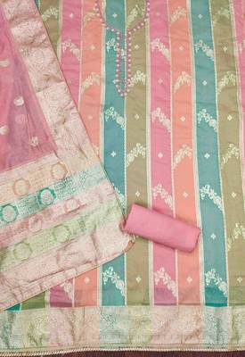 pink jacqurd handwork unstitched dress material 3