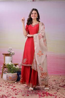 Red Silk Kurta Pant with Duppata 2