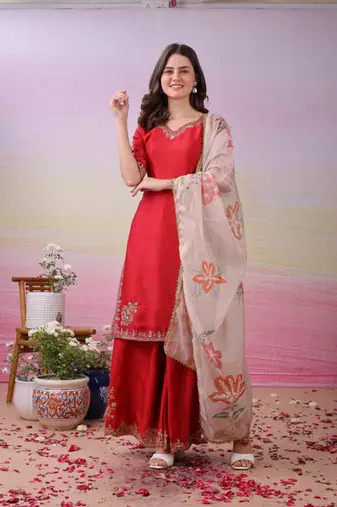 Red Silk Kurta Pant with Duppata